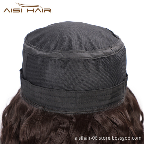 Aisi Hair Knit Slouchy Party Hat Long Water Wave Outdoor Hat Synthetic Dark Brown Fiber Hair Extension With Black Cap For Women